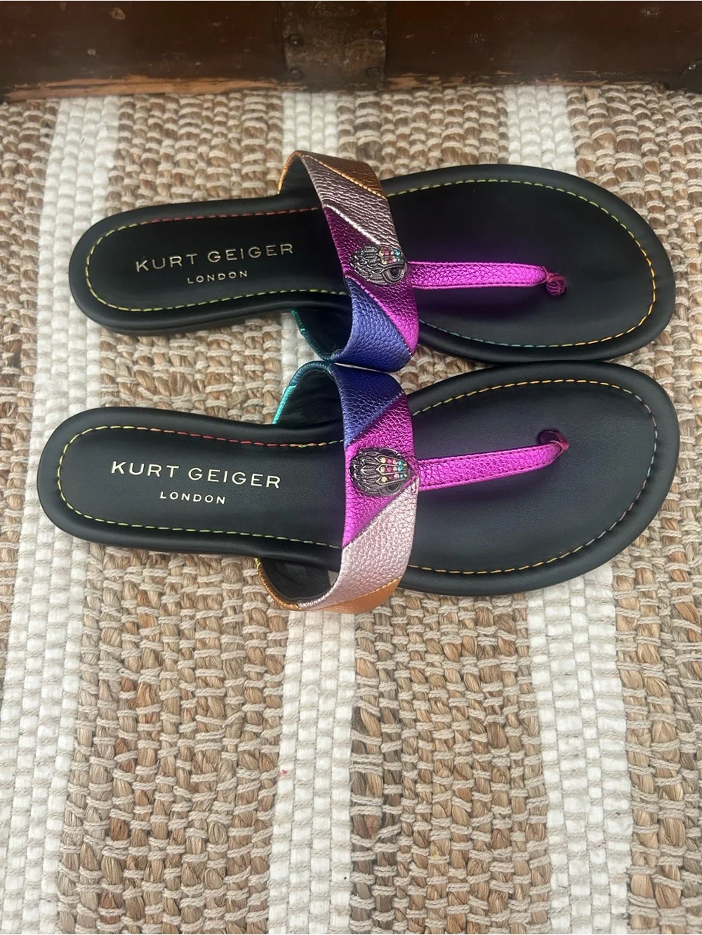 Kurt Geiger Multicolor Metallic Toe-Post Sandals in Pink, Purple & Gold